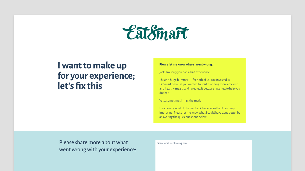 A screenshot of the Negative Feedback Landing Page