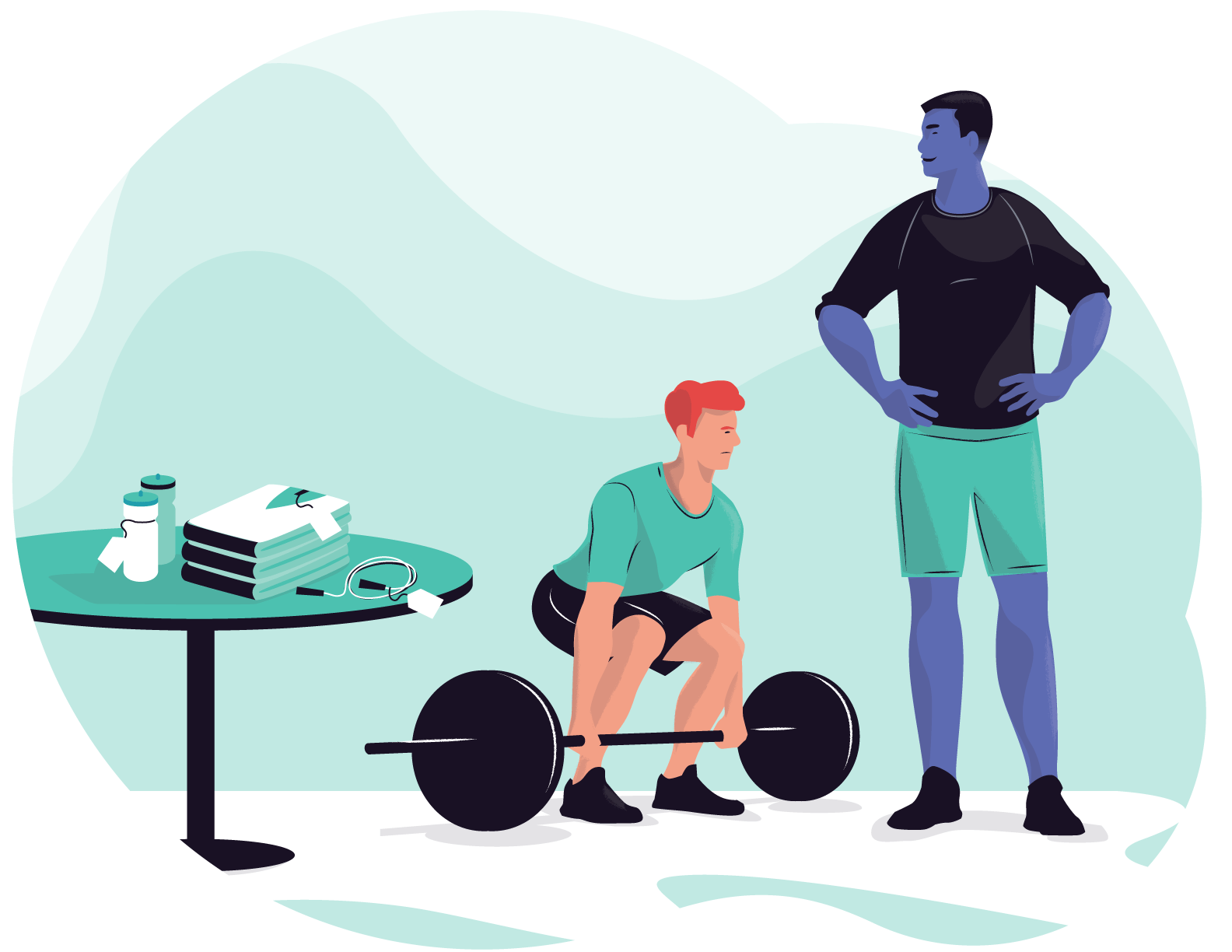 A man and his trainer practicing weight lifting.