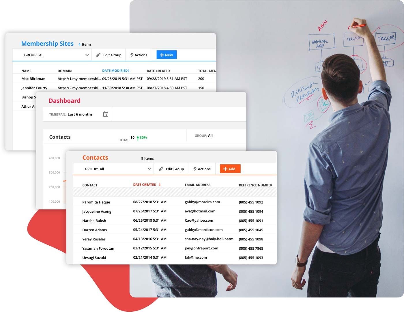 An entrepreneur plans his campaign funnel, next to screenshots of the Ontraport app.
