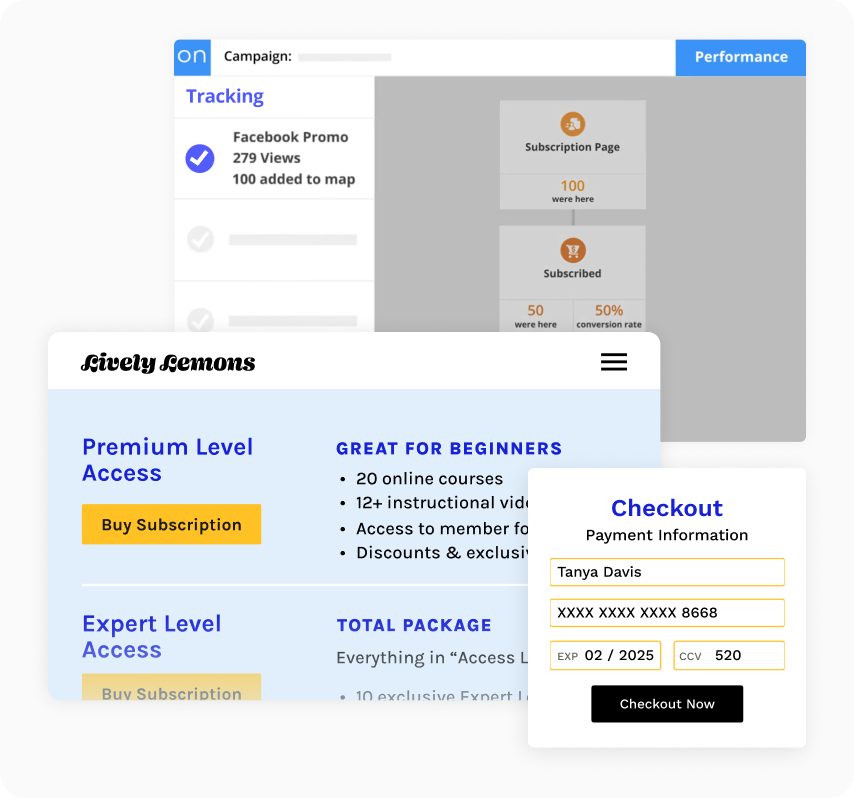 Screenshots of pages and an order form built with Ontraport
