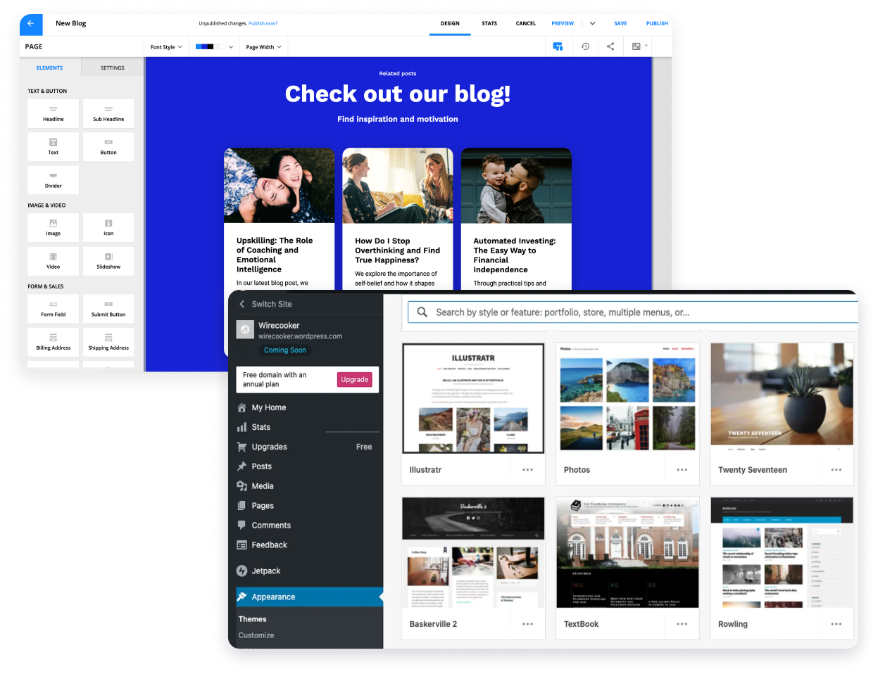 Side-by-side screenshots of the Ontraport app, and Wordpress