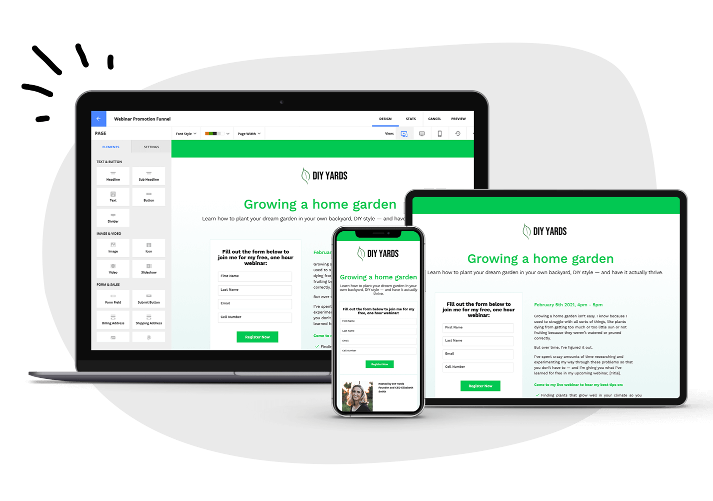 A landing page being displayed on desktop, mobile, and tablet