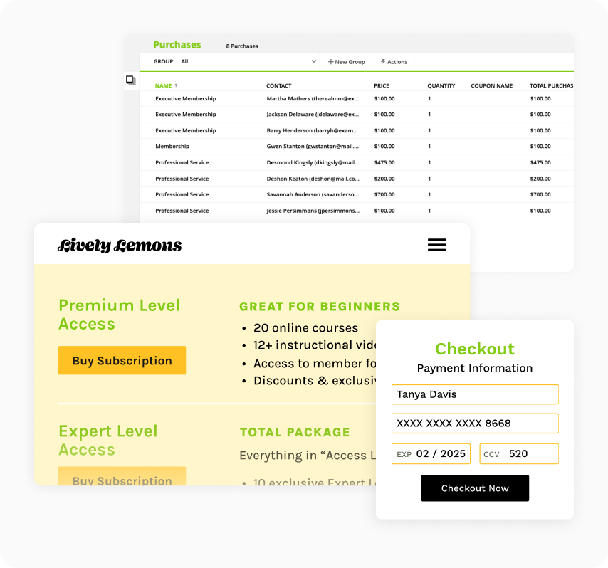 Screenshots of an order form and the Purchases collection in the Ontraport app