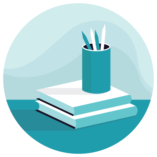 Books with a pencil holder on top of them.