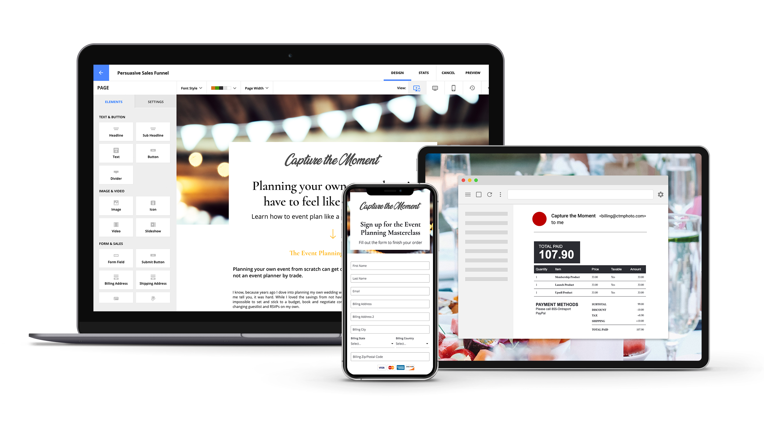 The Persuasive Sales Funnel Setup Wizard being displayed on laptop and mobile devices