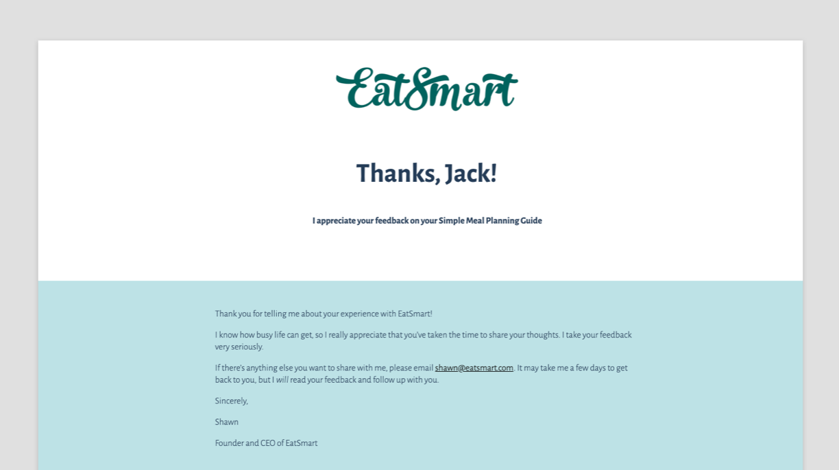 A screenshot of the Thank You Landing Page