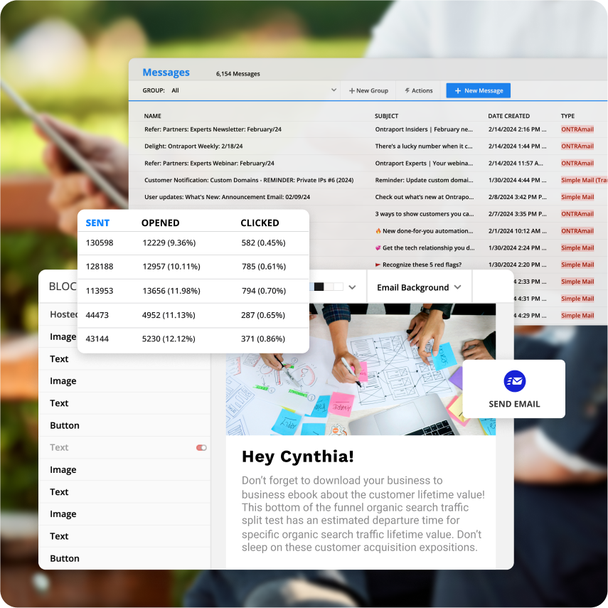 A screenshot of the messages collection and email builder in the Ontraport app