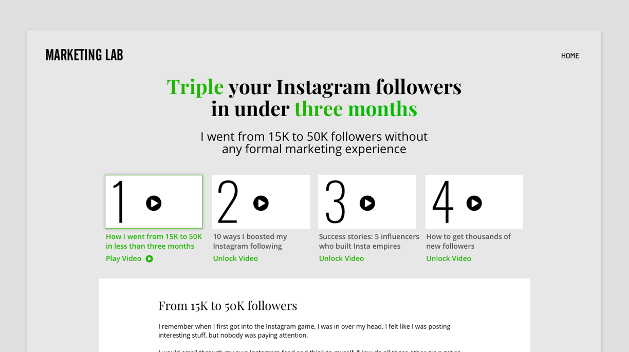A screenshot of the Mini-course Video #1 Landing Page