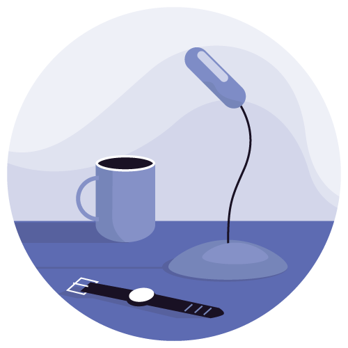 A watch and coffee mug sitting on a desk with a lamp.