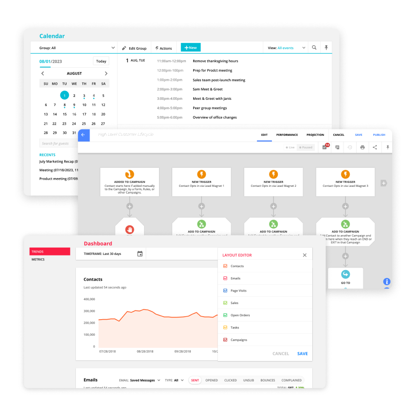 Several screenshots of features in the Ontraport app