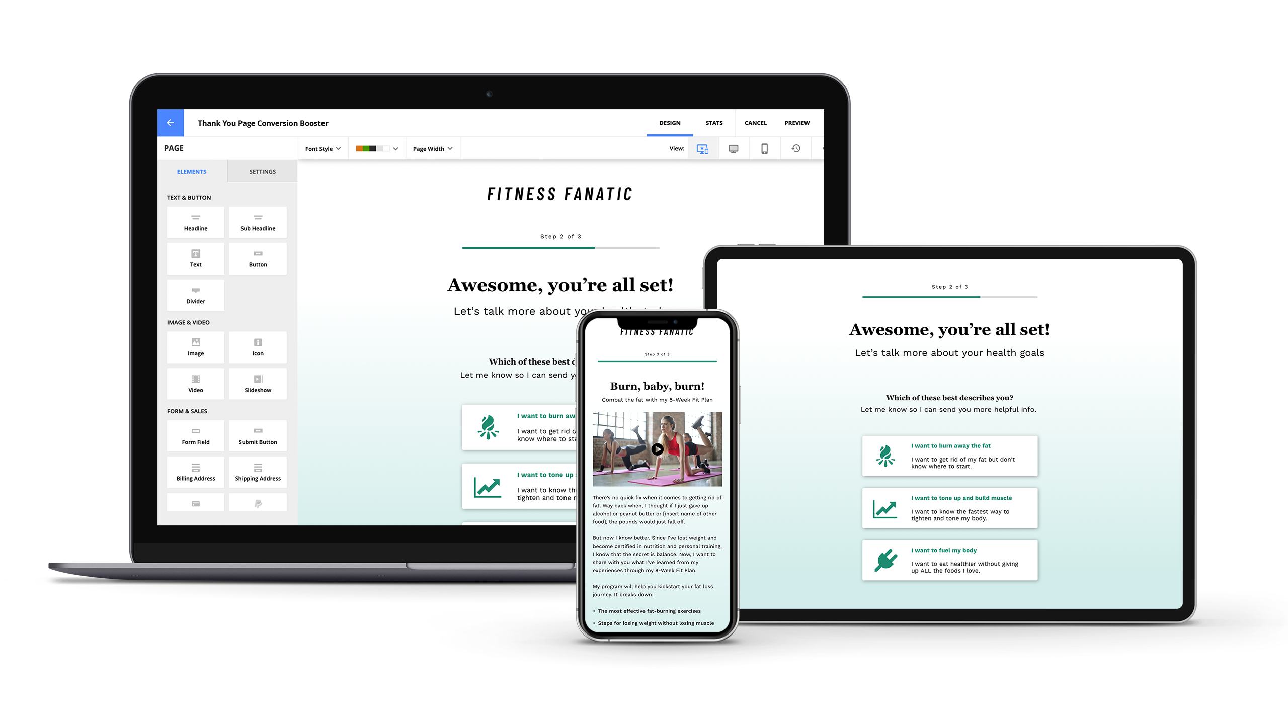 The Thank You Page Conversion Booster Setup Wizard being displayed on laptop and mobile devices