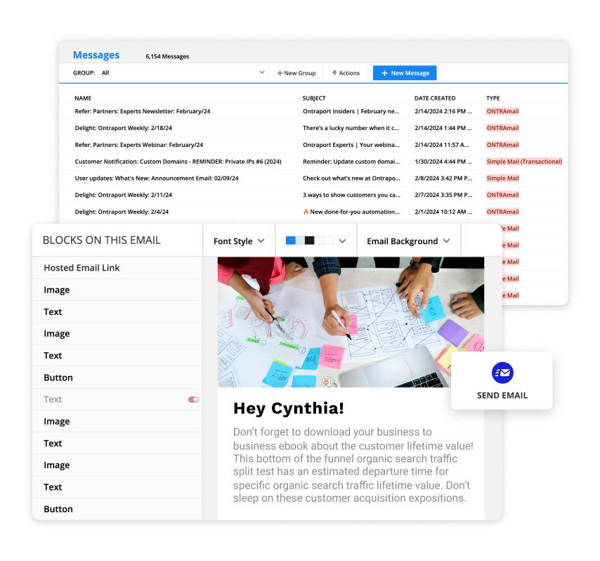 A screenshot of the Messages collection and email builder in the Ontraport app