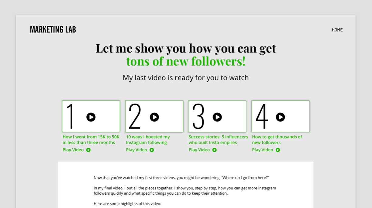 A screenshot of the Mini-course Video #4 Landing Page