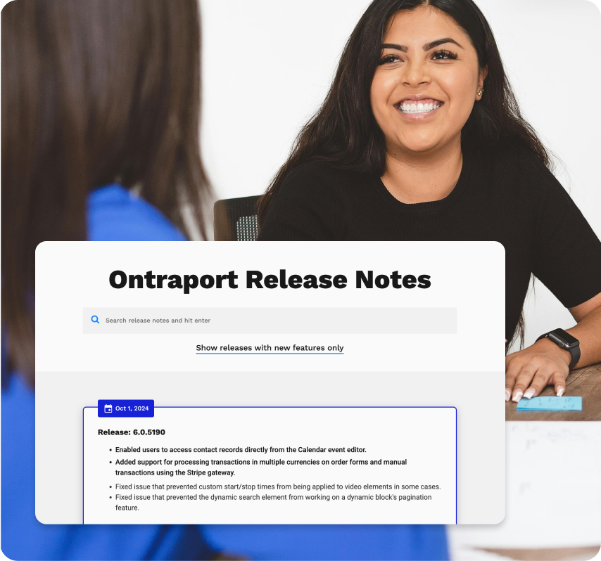 Two Ontraport users and a screenshot of the release notes page