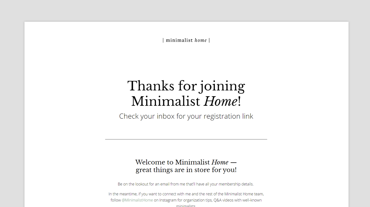 A screenshot of the Membership Sign-up Thank You Landing Page