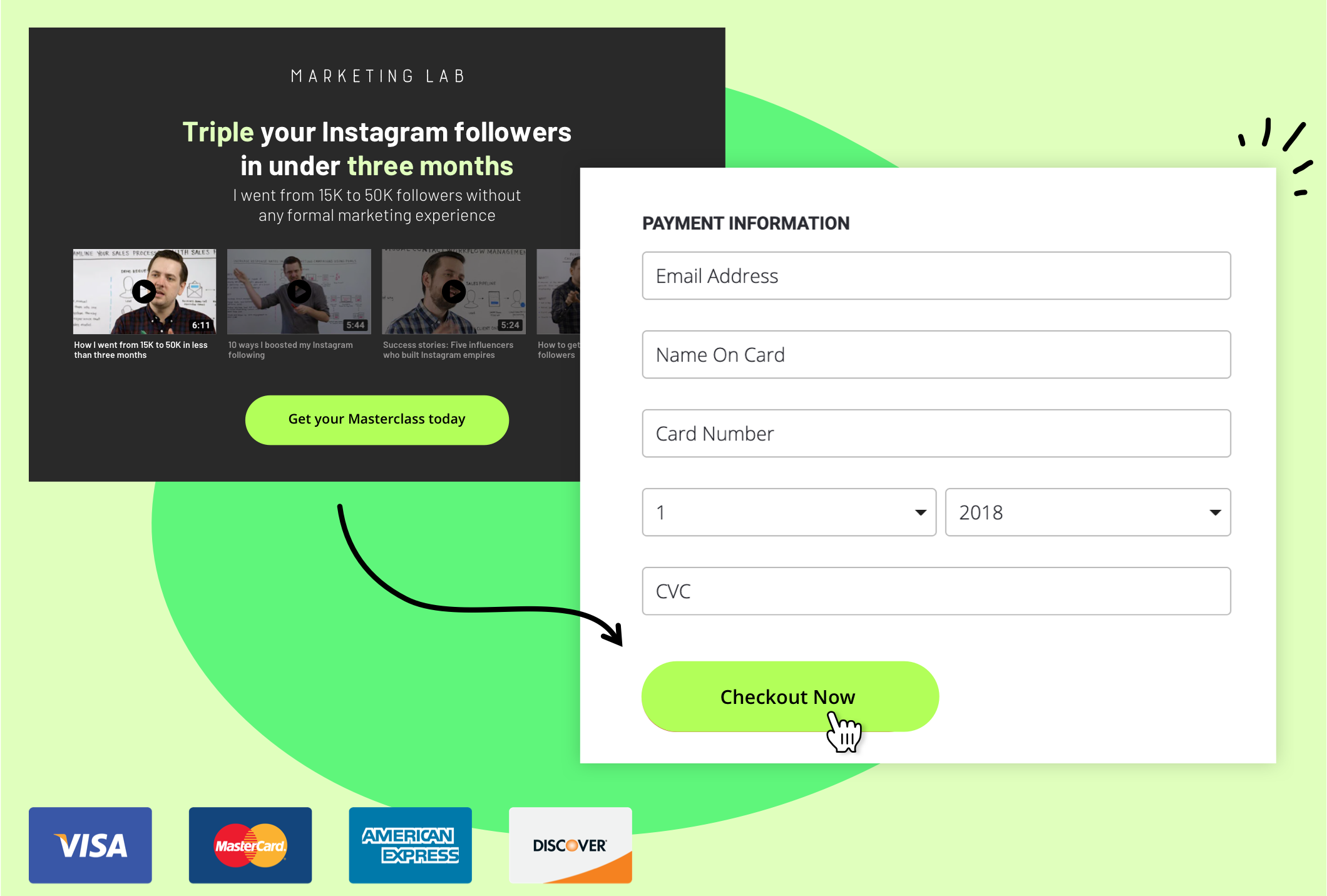 Screenshot of a click-to-pop Order Form created with the Ontraport app