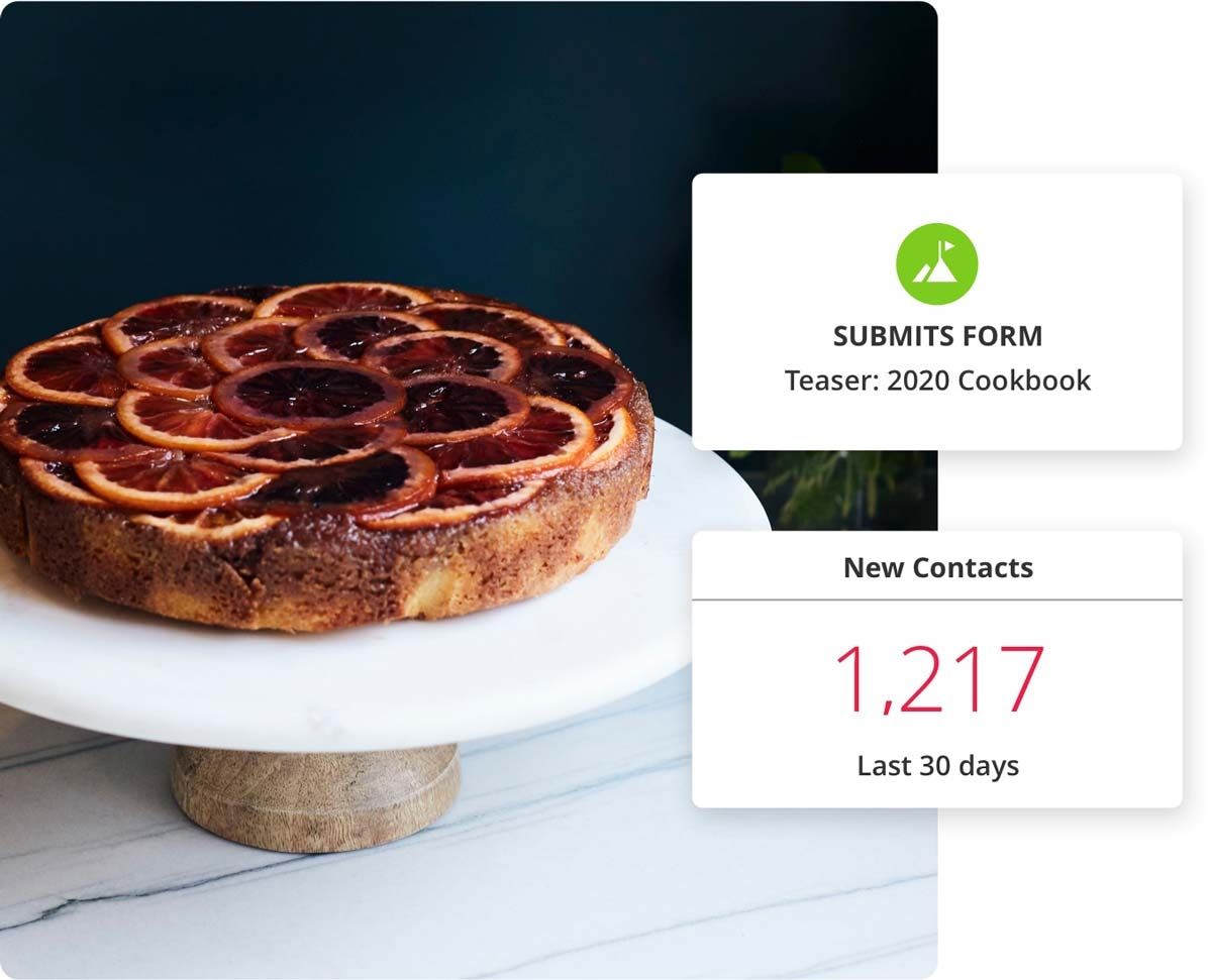 An image of a tart cake, next to screenshots of elements in Ontraport's Campaign Builder feature.