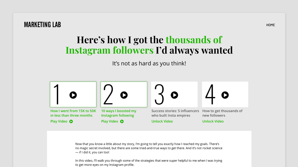 A screenshot of the Mini-course #2 Video Landing Page