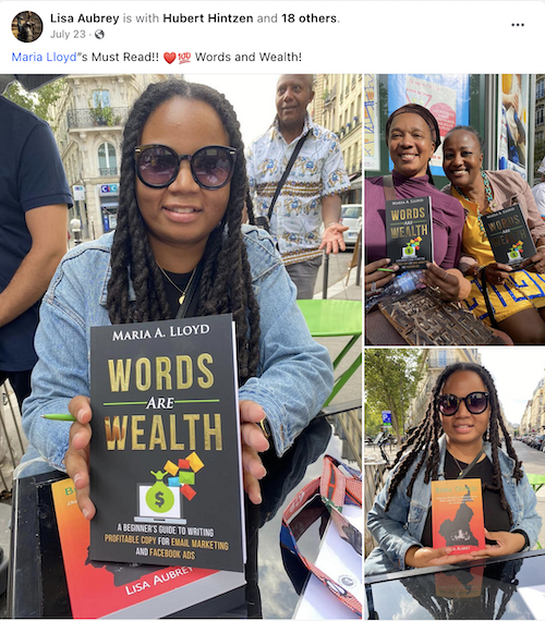 Maria Lloyd's announcement of her book being placed in a popular bookstore in Paris, France (Summer 2023)