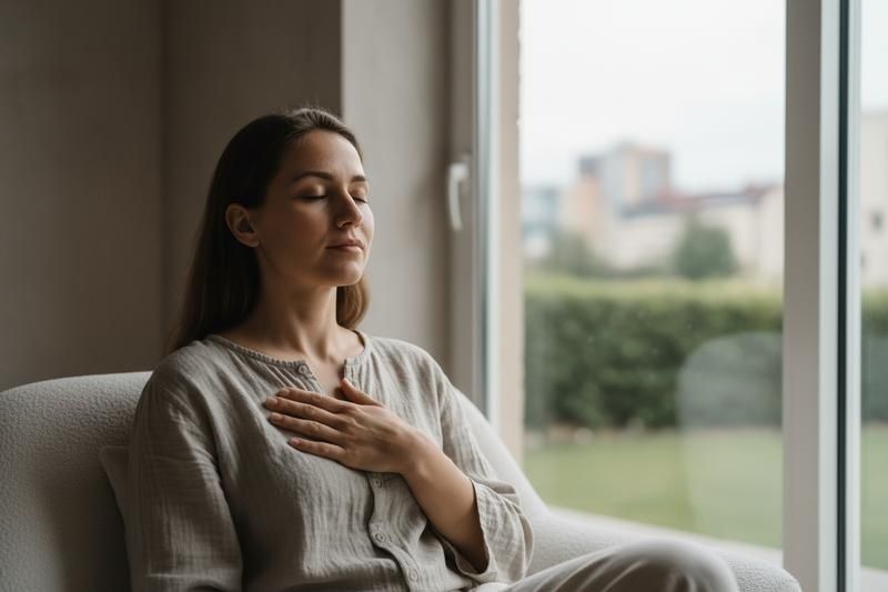 Woman seated by a window with her eyes closed and a hand resting on her chest