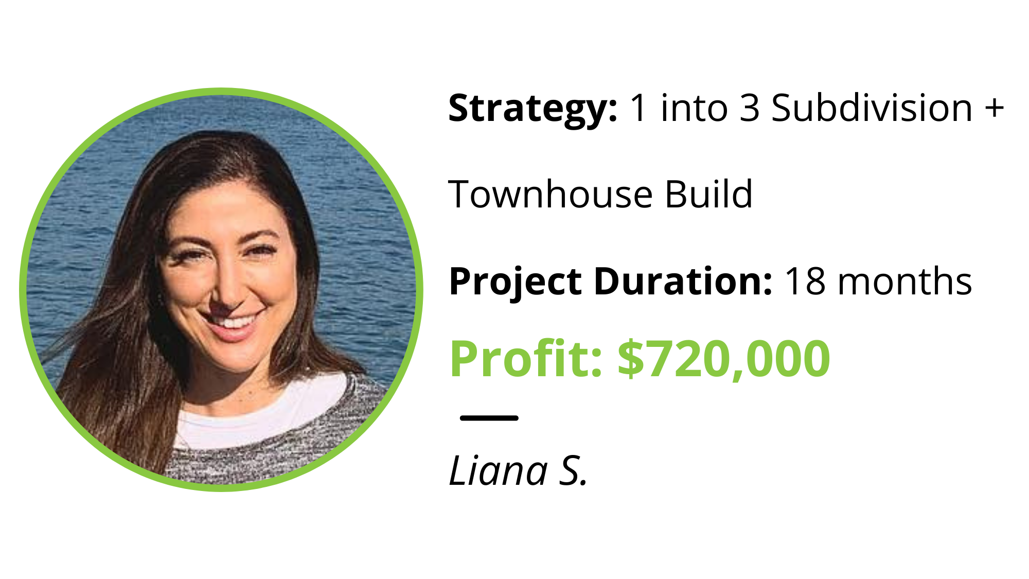 Liana S. — 1 into 3 Subdivision + Townhouse Build, 18 months, $720,000 profit