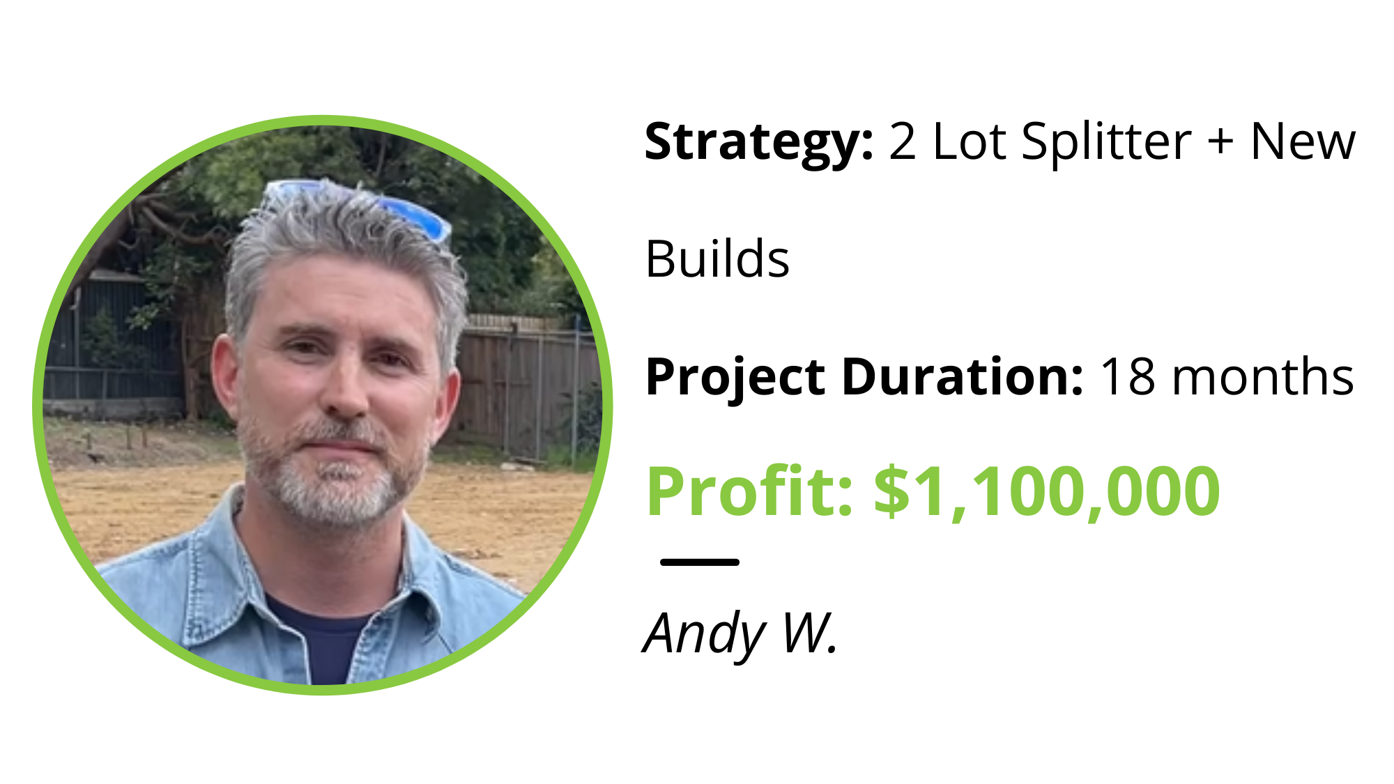 Andy W. — 2 Lot Splitter + New Builds, 18 months, $1,100,000 profit