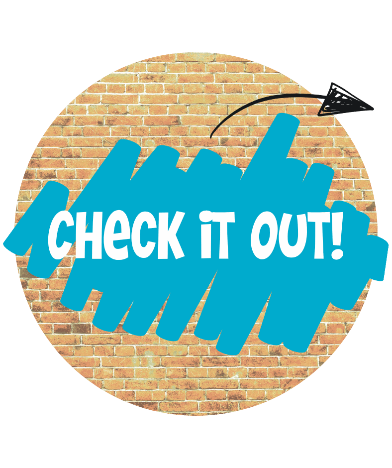 A circle with a brick background and turquoise marker scribble with the words "Check it out!" written in white. A black drawn arrow points out of the circle.