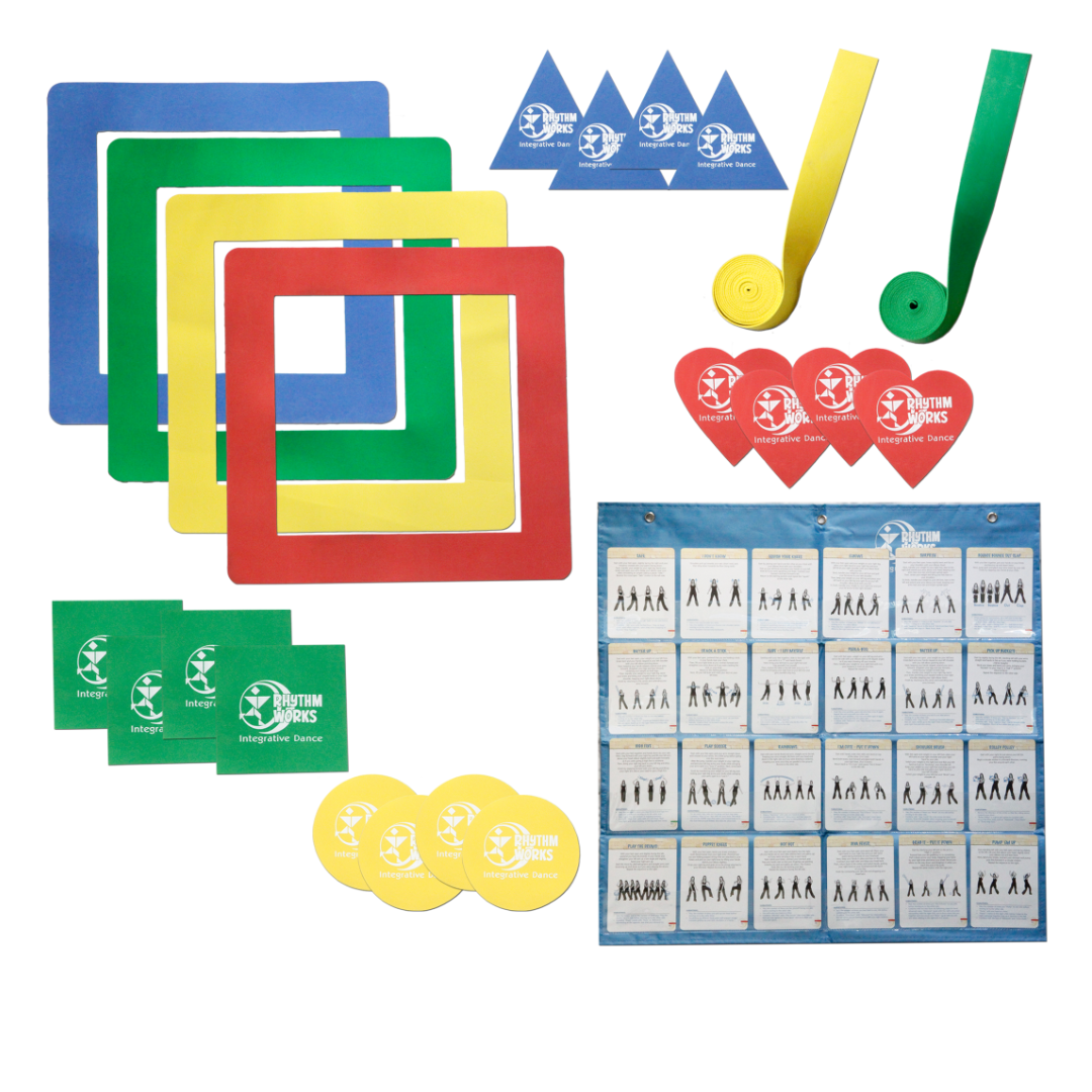An image of the small Visual Aids Kit that includes 3 blue open square frames, 3 green open square frames, 3 yellow open square frames, 3 red open square frames, 12 yellow circles, 12 red hearts, 12 green squares, 12 blue triangles, a green stripe, a yellow stripe and a blue card holder.