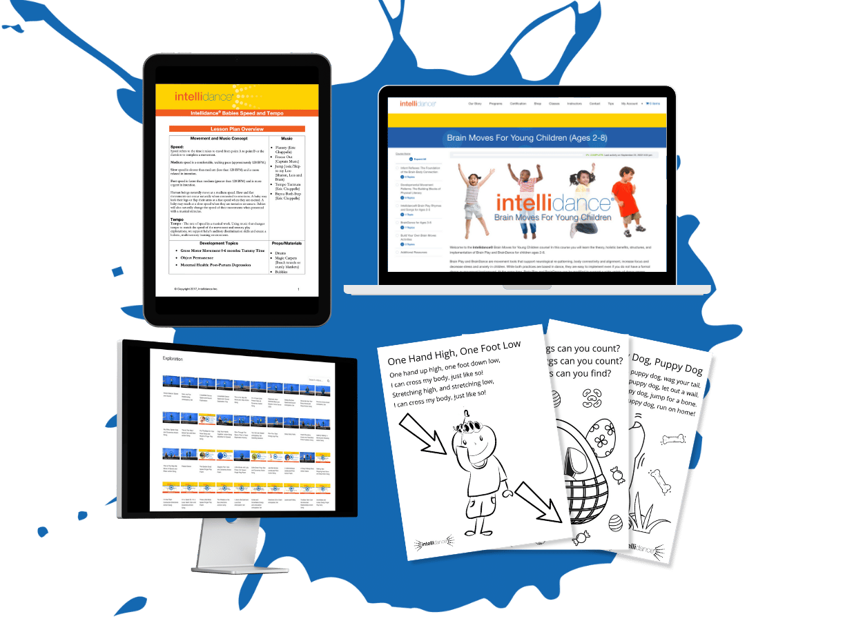 Computers showing the Intellidance courses, lesson plans and coloring pages