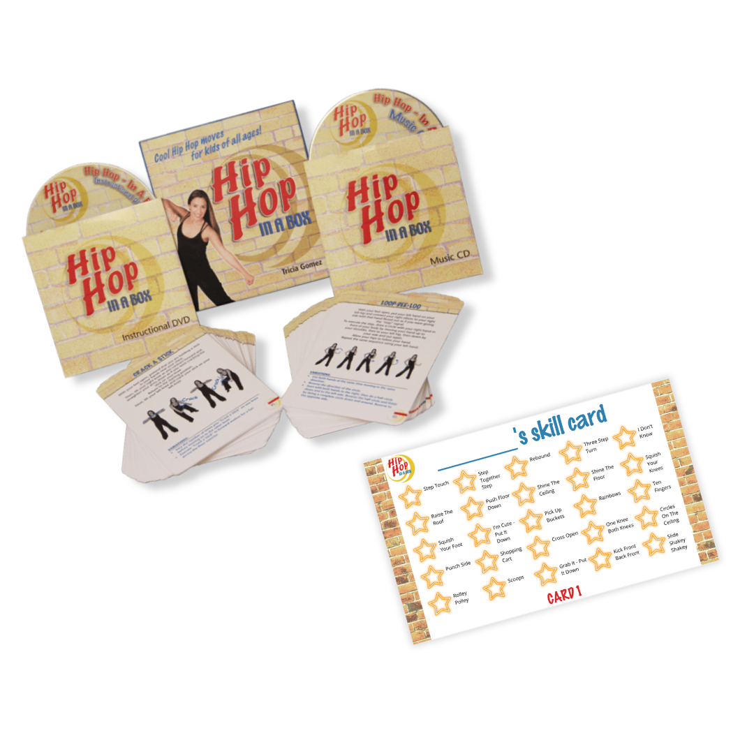 An image of Hip Hop In a Box box cover, samples of the Hip Hop In a Box flashcards, and a sample image of the Hip Hop In a Box Skill Tracking Card Template