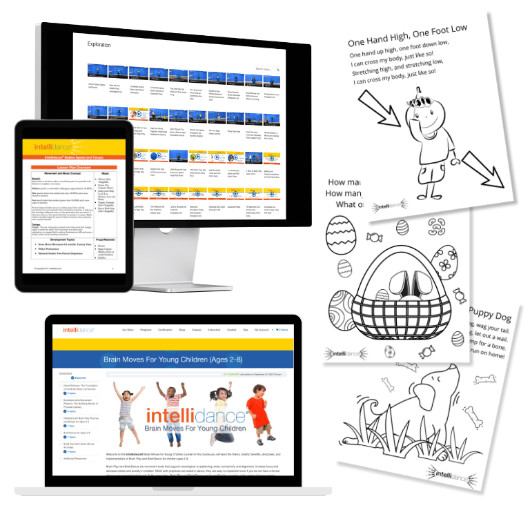 Computers showing the Intellidance courses, lesson plans and coloring pages