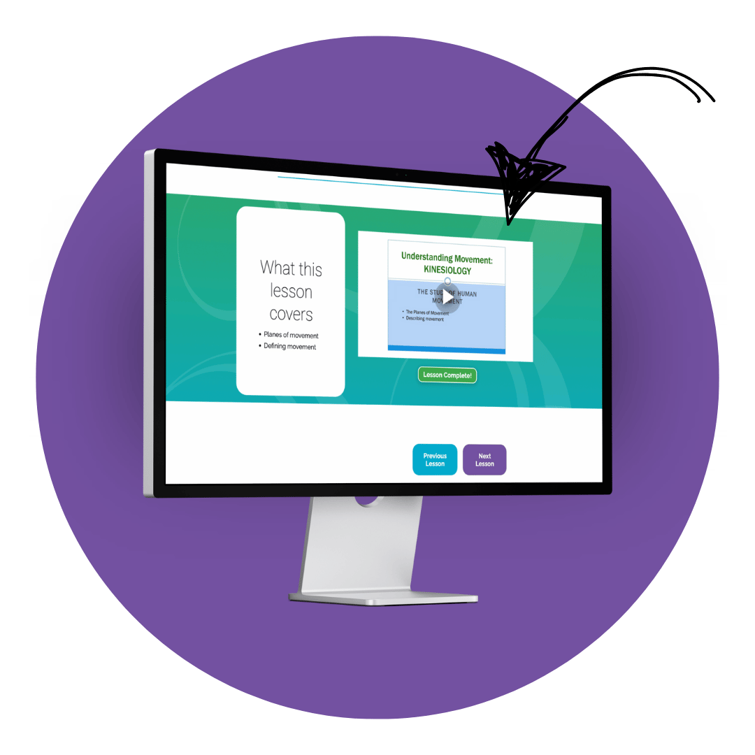 Purple circle with a computer screen featuring one of the Rhythm works integrative dance modules.