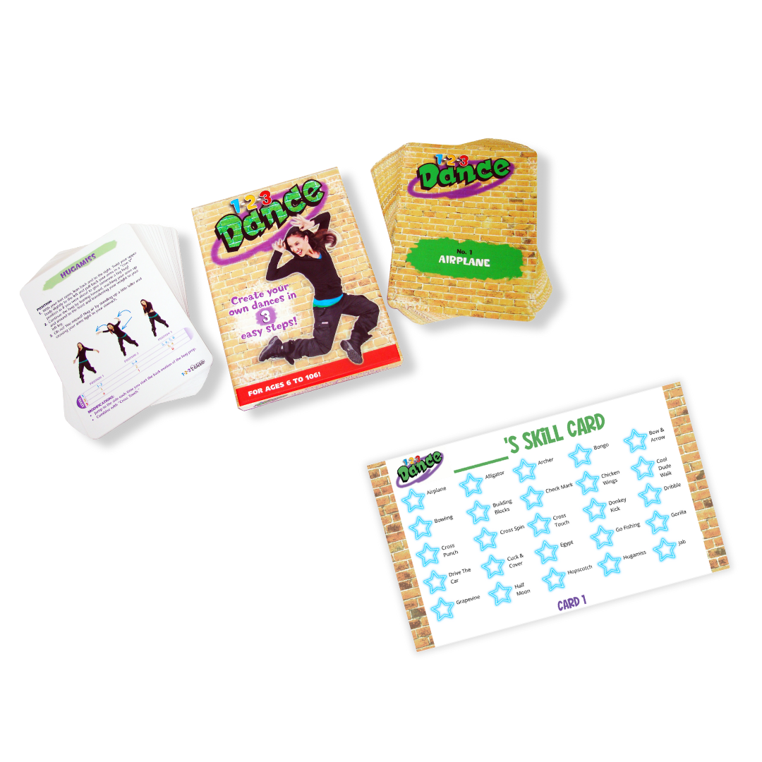 An image of 1-2-3 Dance box cover, samples of the 1-2-3 Dance flashcards, and a sample image of the 1-2-3 Dance Skill Tracking Card Template