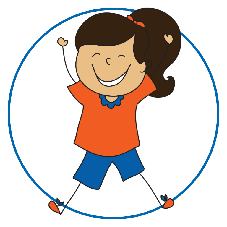 An illustration of a girl wearing an orange shirt and blue shorts standing making her body look like the letter X.