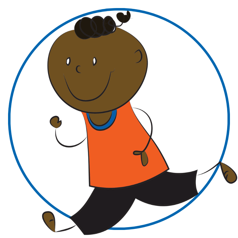 An illustration of a boy wearing an orange shirt and black shorts leaping.