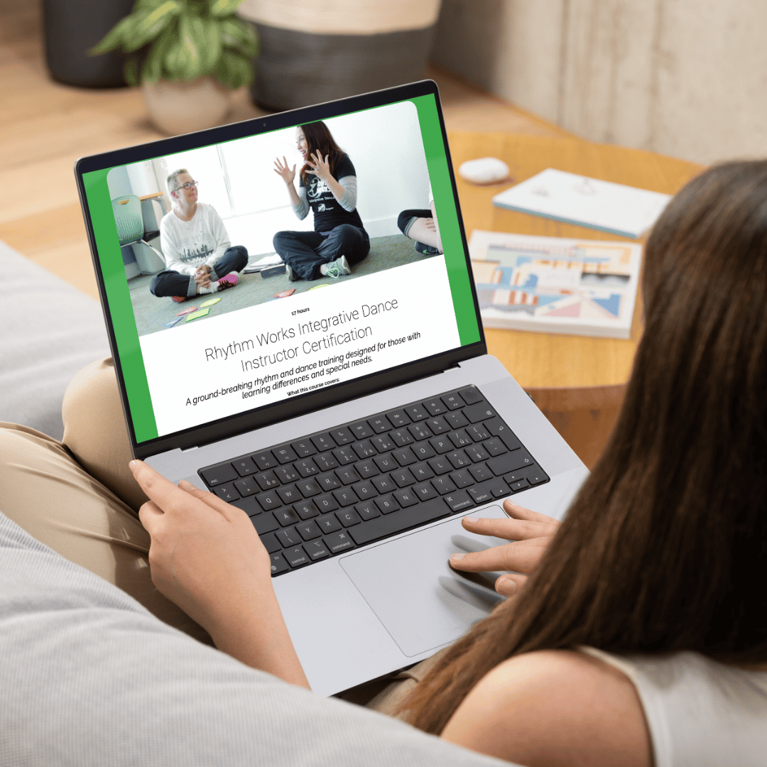 Educator exploring the Rhythm Works Integrative Dance Instructor Certification online, a professional training program for teaching dance to students with learning differences and special needs.