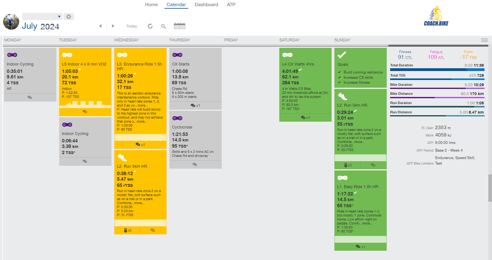 Coach.Bike weekly cycling training calendar showing personalised sessions, training load and athlete goals