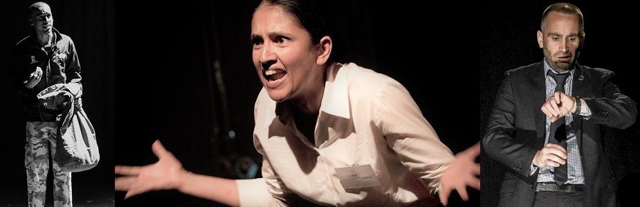 A collage of four actors performing on stage, showcasing their talent and bringing characters to life.