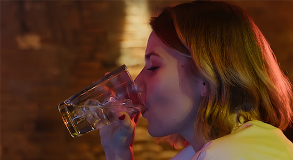 A blonde girl in a bar drinking a glass of liquor