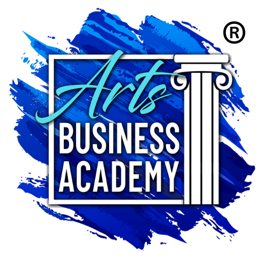 Blue logo with text "Arts Business Academy" and a Roman pillar