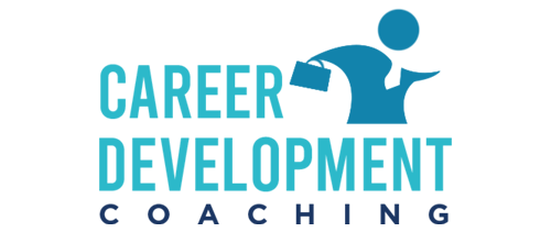 Blue text that says "Career Development Coaching" with an illustration of a guy carrying an attache case