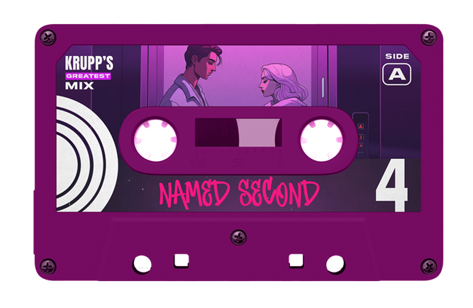 A curly blonde woman whispering to a guy wearing glasses and a coat.