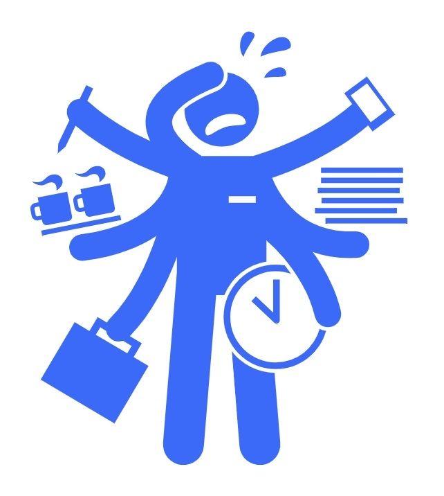 Blue illustration of a man with a lot of hands holding different things