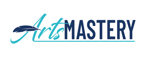 Blue text that says Arts Mastery with a feather on the letter "A"
