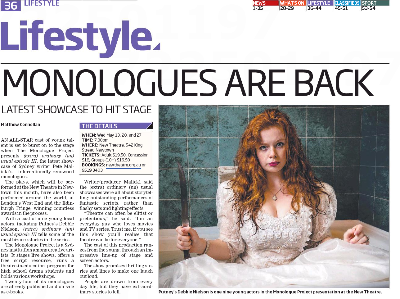 Lifestyle Article featuring Monologues Are Back "Late Showcase to Hit Stage" with a blonde woman wearing a wedding dress in a bathtub holding a knife