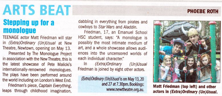 Article of Arts Beat featuring Stepping up for a monologue with five actors in the front page