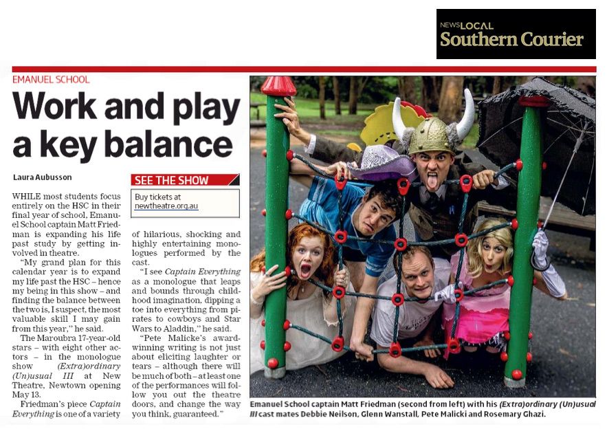 Southern Courier Article featuring Work and play a key balance with five people in a costume including Pete Malicki