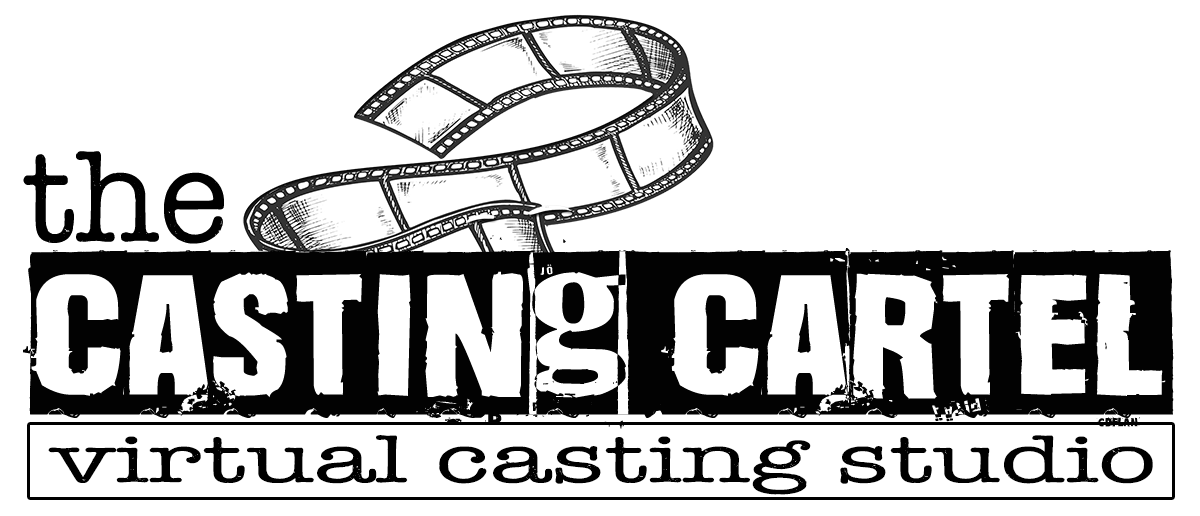 A black and white text that says " The Casting Cartel Virtual Casting Studio" with a film tape illustration in the background