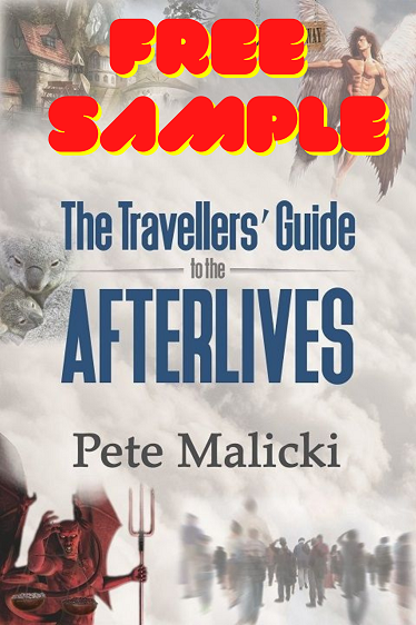 Traveller's Guide Book Cover with a background of angel and demons by Pete Malicki