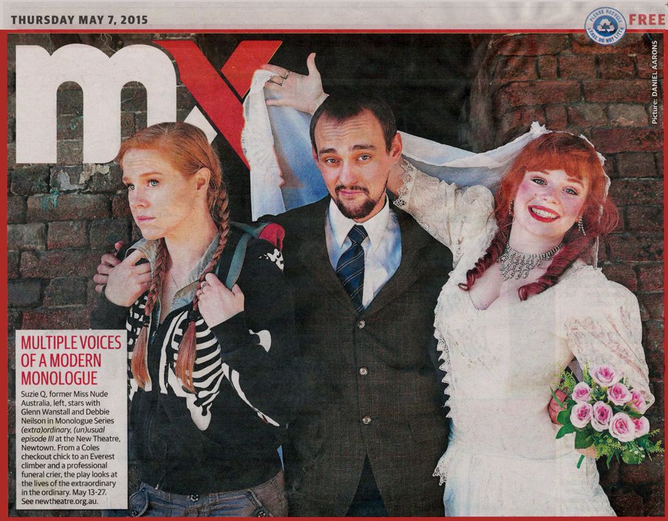 MX Article featuring Modern Voices of A modern Monologue, one female in a pigtail, one ginger female wearing a wedding dress holding a boquet of flowers and a groom in the middle.